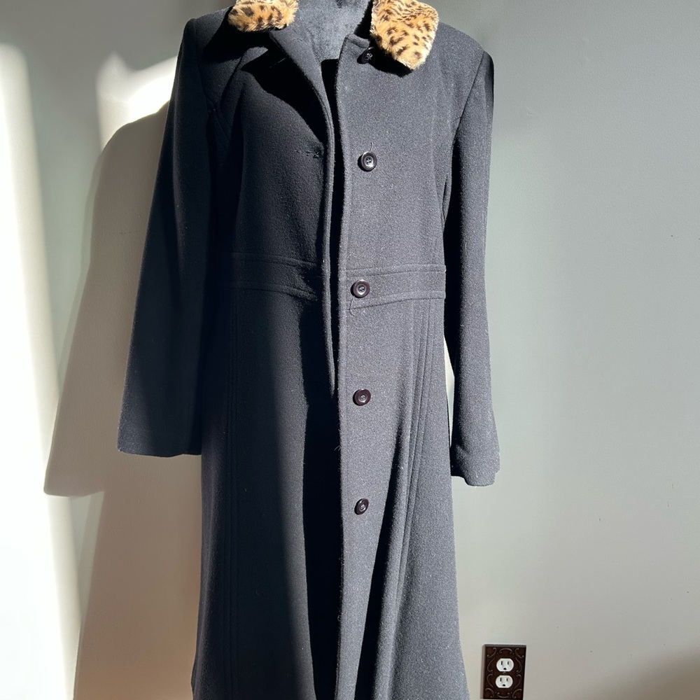 Talbots Black Pea Coat with Leopard Collar